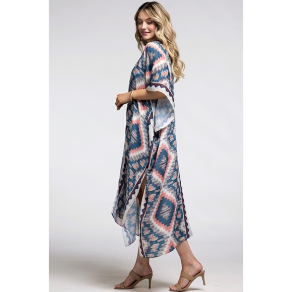 Beige Multi Long Open Front Aztec Tribal Pattern Kimono Wrap Coverup Top - Picture 4 of 5